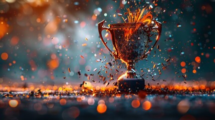 A dynamic 3D rendering of a trophy cup shattering into digital fragments, symbolizing breaking records and pushing boundaries.