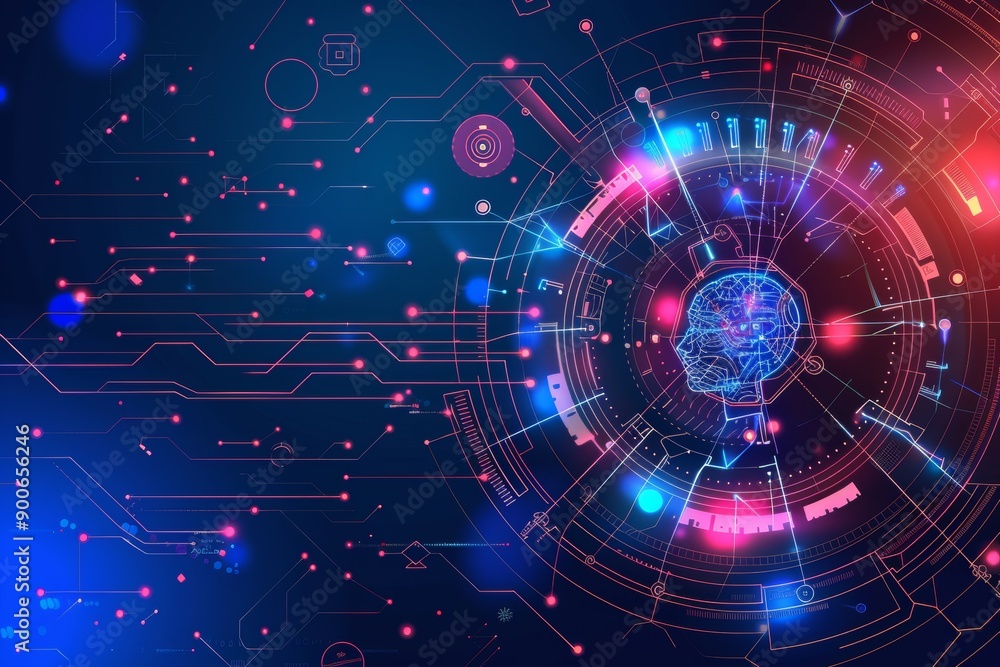 Poster digital circuit board with glowing neural pathways and abstract background