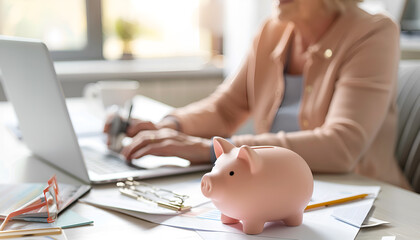 Fototapeta premium Mature business woman inserting cash into piggy bank. Female accountant, bookkeeper, homeowner saving money, planning budget, making financial reserve. Hand holding coin close up