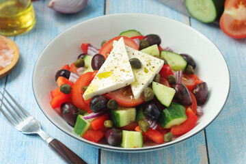 A bowl with traditional Greek salad Horiatiki