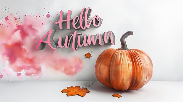 Autumn scene with pumpkin and "Hello Autumn" text in script style, surrounded by leaves. Concept of autumn greetings, seasonal change, and harvest time, suitable for Thanksgiving