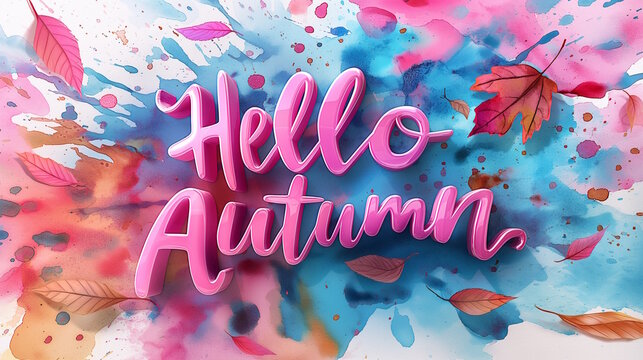 Vibrant background with "Hello Autumn" text in glossy letters, surrounded by leaves. Concept of autumn greetings, seasonal change, and artistic design, suitable for Thanksgiving
