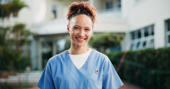Nurse, face and happy outdoor with smile or pride at hospital for healthcare, wellness and career. Female employee, woman and confident outside of clinic for health, nursing and medical service