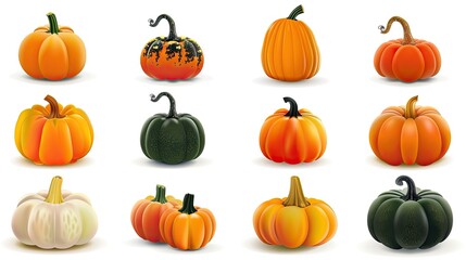 Colorful pumpkins of different shapes for autumn, Halloween, and harvest projects