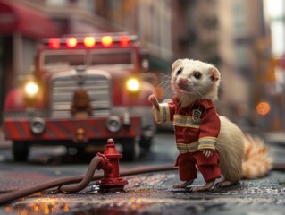 Toy firefighter dogs in action with fire truck and city background