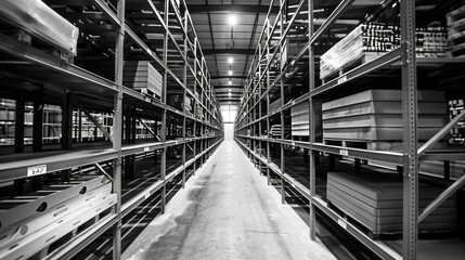 Obraz premium A warehouse with shelves full of boxes and pallets