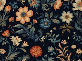 Vintage floral pattern in a space-themed design, high contrast