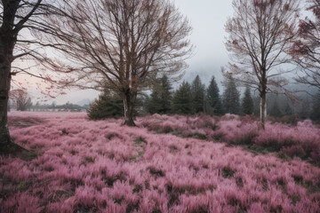 Obraz premium Solitary tree stands tall amidst a vast lavender field bathed in soft spring sunlight