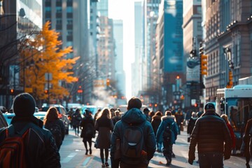 Obraz premium A single pedestrian walks in the middle of a bustling city street with a backpack.
