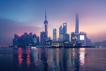 Obraz premium Illuminated Skyscrapers and Their Reflections on the Water at Dusk