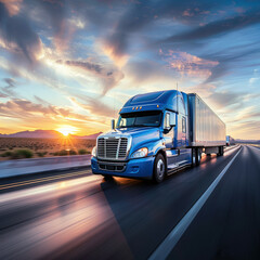 Sunset Journey: Blue Semi-Truck on Open Highway