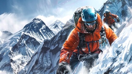 Intense mountain climbing adventure on snow-covered peaks. Two climbers in vibrant gear scale a steep icy slope against a stunning backdrop. 