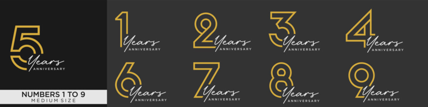 collection of 1 to 9 year anniversary logotype design, for celebration event, wedding, greeting card, and invitation, vector illustration