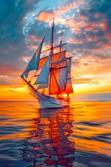 Fototapeta premium Sunset on the sea with a large sailing ship. Ideal for travel brochures, maritime themes, and adventure concepts. Aesthetic photograph with glowing sky and reflective water. AI