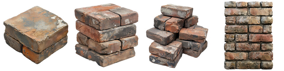 A collection of weathered bricks showcasing various shapes and textures, perfect for construction and architectural projects.