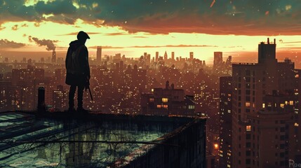 Fototapeta premium A silhouette of a lone figure standing atop a rooftop, overlooking a vibrant, sunset-lit city skyline with dramatic clouds.