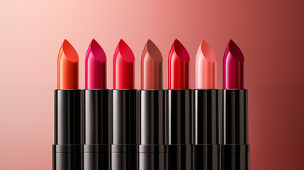Seven lipsticks in vibrant shades, arranged in a row against a pink gradient background. Colors include orange, pink, red, nude, coral, and magenta, each in a black tube with a glossy finish.