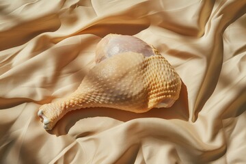 Fresh raw chicken leg displayed on a luxurious satin fabric with soft folds and natural lighting
