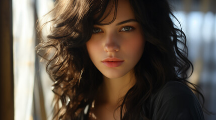 Fototapeta premium A realistic 3D portrait of a beautiful woman with wavy black hair, pale skin, and expressive eyes, highlighted by soft lighting against a blurred background.