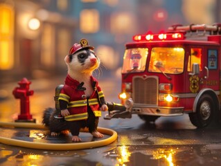 Toy firefighter dog heroically standing with fire truck in city background