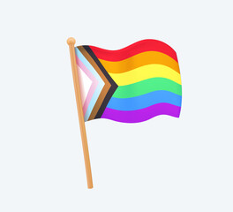 LGBTQ Flag 3D icon vector. Rainbow flag modern icon. Waving in the Wind on Pole. Intersex inclusive pride flag template. Progress Pride flag waving in wind, tolerance and freedom