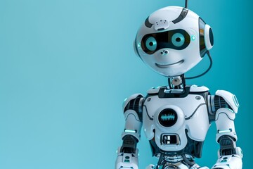 Yellow robot with smiling face in a blue background