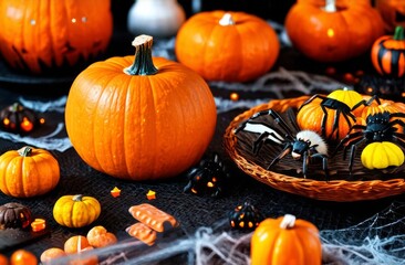Jack-o-Lantern pumpkin on a rustic wooden table. Halloween time. Halloween holiday dinner prop decoration with wood table background. Halloween table decorations