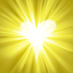 Obraz premium Yellow flare with a heart. Abstract romantic background with glowing heart. Shining love and romance concept. Graphic element for wedding invitation, birthday card. Vector illustration