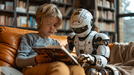 A child and a humanoid robot are sitting on the sofa and do their homework together. Modern education. The blend of technology and everyday life.