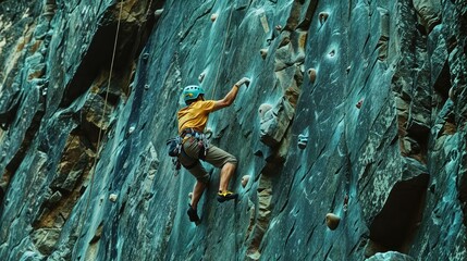 Young man looking up while climbing challenging route on cliff