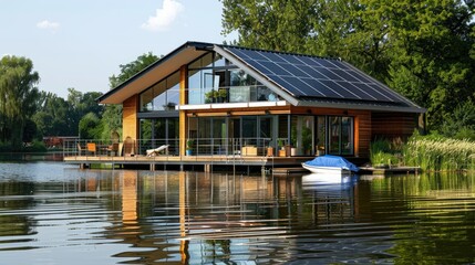 Obraz premium A picturesque home on a tranquil river, solar panels strategically placed around, highlighting eco-friendly living in harmony with nature.