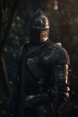 Medieval Knight in Armor Standing in Dark Forest   Historical Warfare Concept