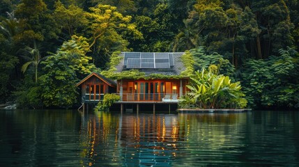 Obraz premium A scenic house on a pond, surrounded by lush greenery and solar cells, illustrating the integration of renewable energy in a picturesque setting.