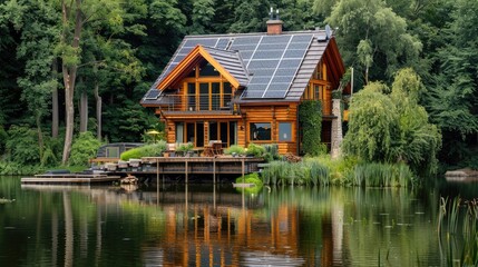 A scenic house on a pond, surrounded by lush greenery and solar cells, illustrating the integration of renewable energy in a picturesque setting.