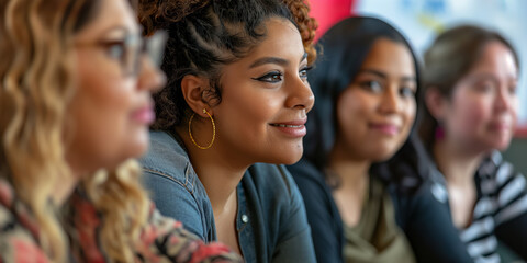 Fototapeta premium Diverse Group of Women Smiling During Meeting, Engaged in Conversation