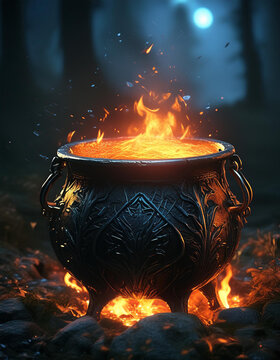 Magical cauldron glows with fiery light in forest. Potion brewing and witchcraft. Halloween holiday