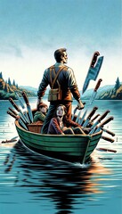 Obraz premium fishing boat with knives and family