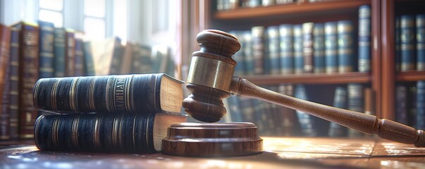 A book and a court gavel on a wooden table in a room with a bookshelf in the background