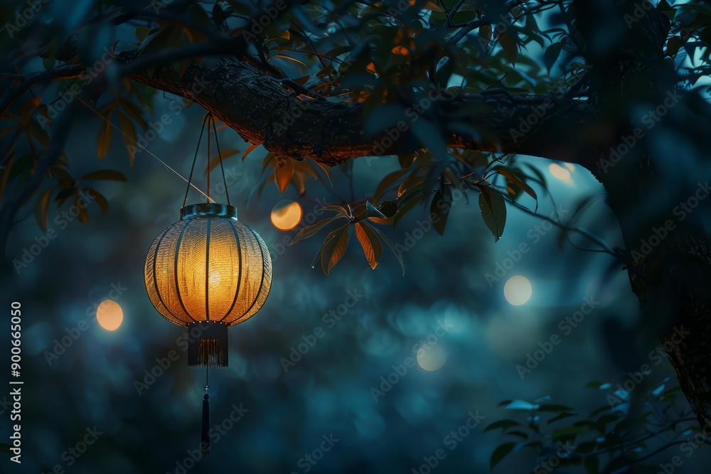 Aufkleber mystical lantern with warm light hangs from a tree branch at twilight, creating a serene ambiance