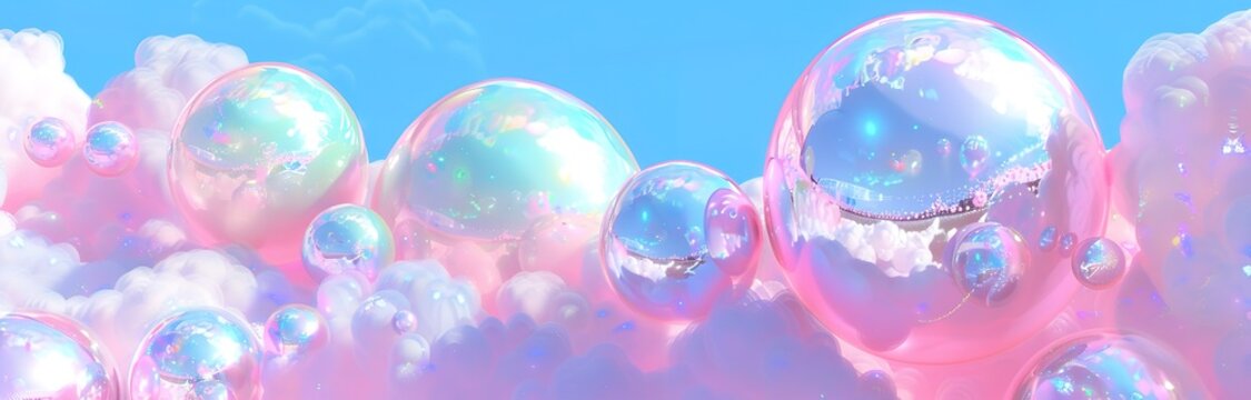 A row of several white bubbles shines above a sea of ​​pink clouds on a light blue background