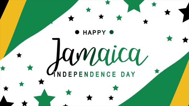 Happy Jamaica Independence Day Text Animation with waving flag background. Celebrate Happy Jamaica Independence Day on 6th August. Great for celebrating Happy Jamaica Independence Day.