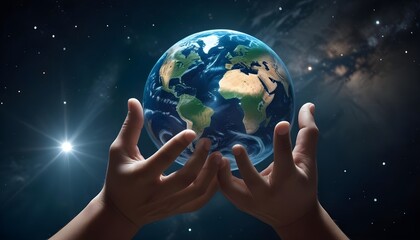 Earth at night was holding in human hands. Earth day. Energy saving concept, 