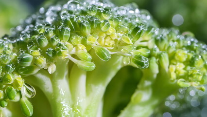 Close-up of Dew-Covered Broccoli Florets