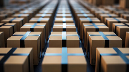 Fototapeta premium Rows of identical cardboard boxes arranged neatly, creating a sense of order and symmetry in a warehouse or shipping environment.
