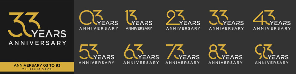 collection anniversary 13 to 93 year, creative number design vector illustration.