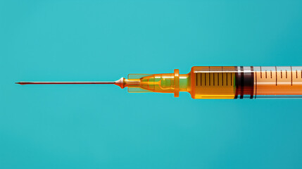 Close-up of a syringe filled with orange liquid against a turquoise background, highlighting the medical and scientific precision of the instrument.