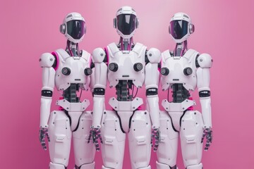 Three humanoid robots standing together in a pink and blue background