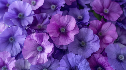 Cluster of vibrant purple flowers in full bloom, displaying a range of violet hues and delicate petal textures, creating a rich and lively floral composition.