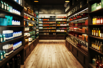 A well-stocked aisle in a grocery store, featuring a variety of food and beverage products neatly arranged on shelves. high quality.