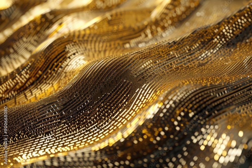 Poster A close-up shot of a shimmering golden fabric with intricate woven threads, creating a fluid, undulating surface
